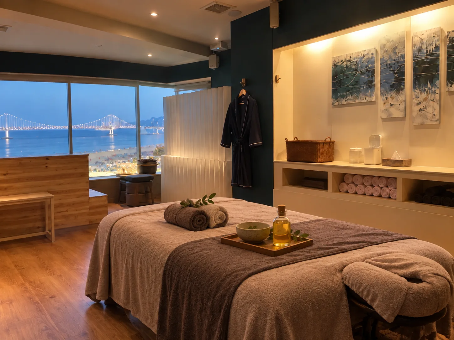 Illustrative aroma massage room prepared with oils and towels at Prada Spa Gwangalli
