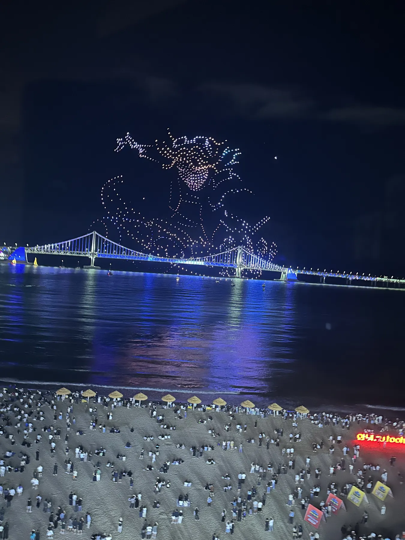 drone show over Gwangan Bridge at Prada Spa Gwangalli, Busan