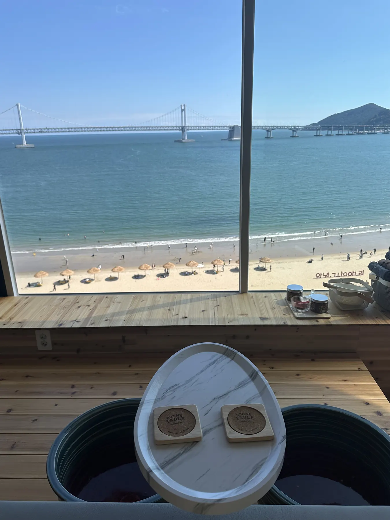 tea beside the foot bath at Prada Spa Gwangalli, Busan