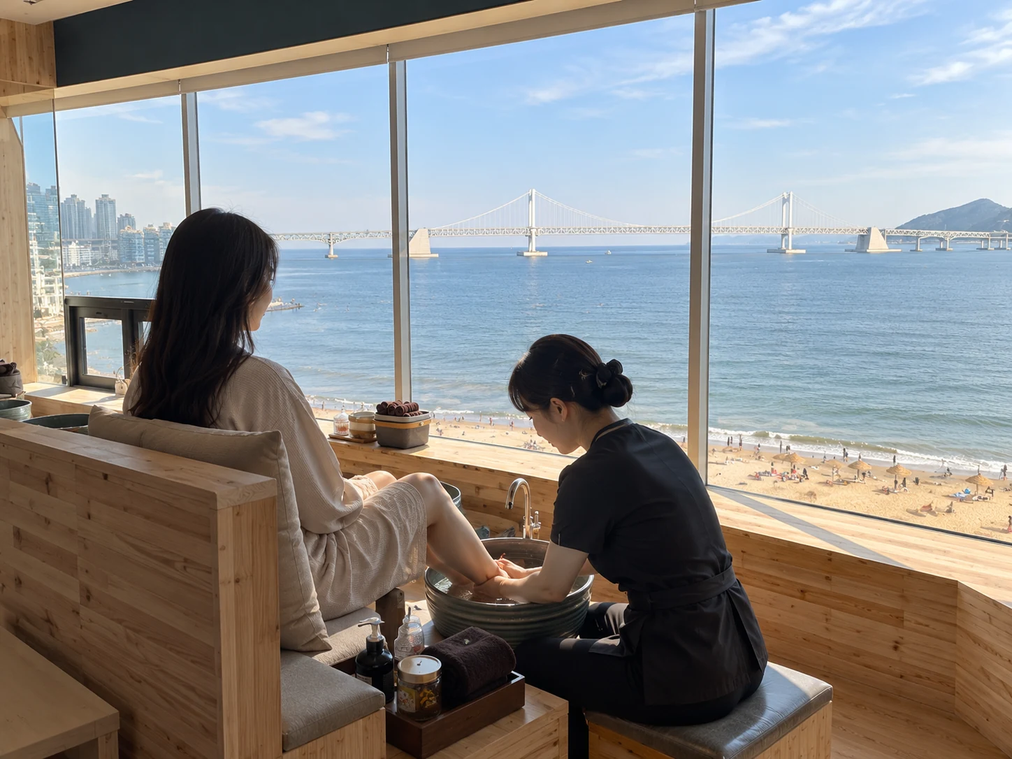 Illustrative foot care session beside the Gwangalli sea and Gwangan Bridge
