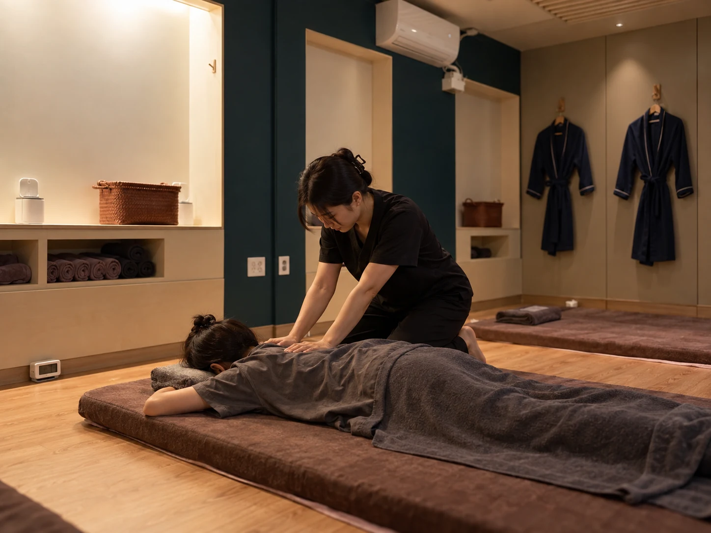 Illustrative dry massage treatment scene based on the actual Prada Spa Gwangalli interior