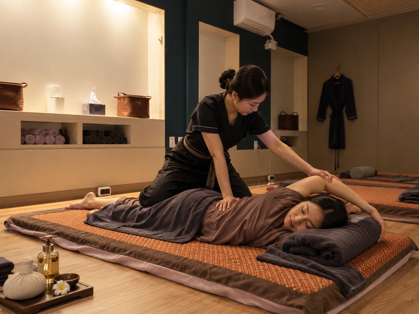 Illustrative Thai and aroma combination treatment scene based on the actual Prada Spa Gwangalli interior